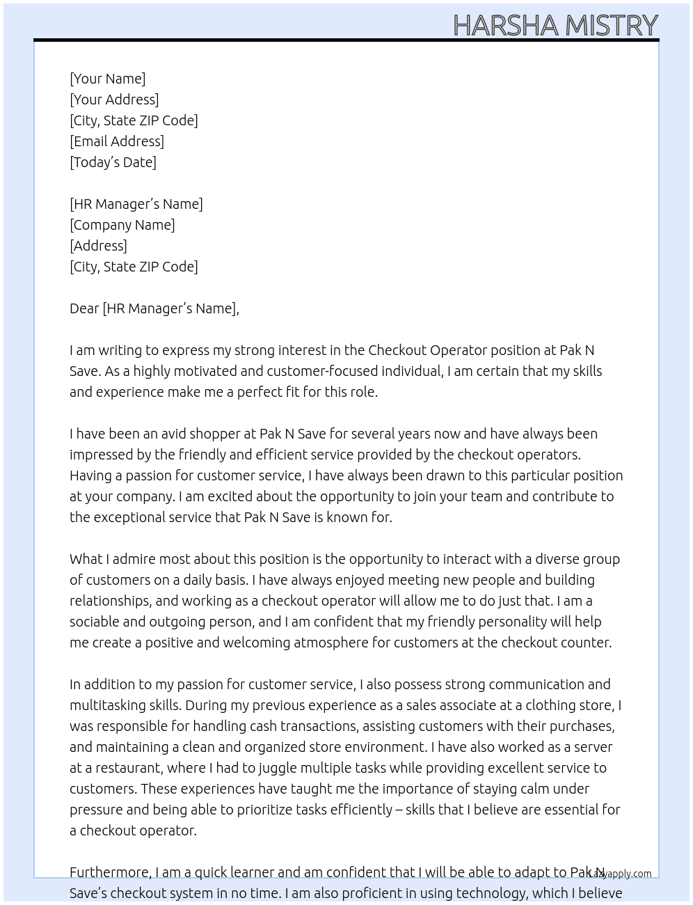 Checkout Operator At Pak N Save Cover Letter