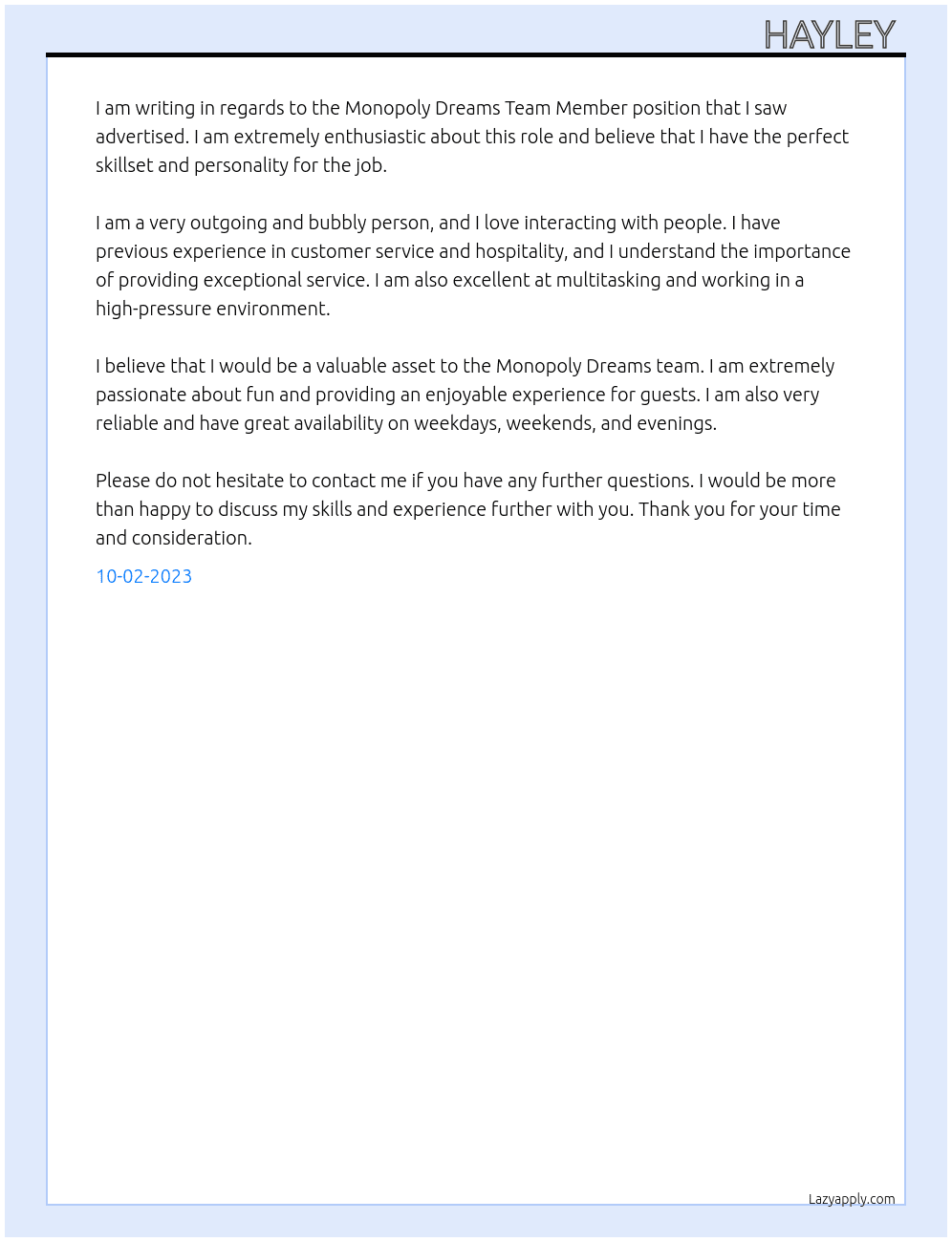 Monopoly Dreams Team Member At Monopoly Dreams Cover Letter