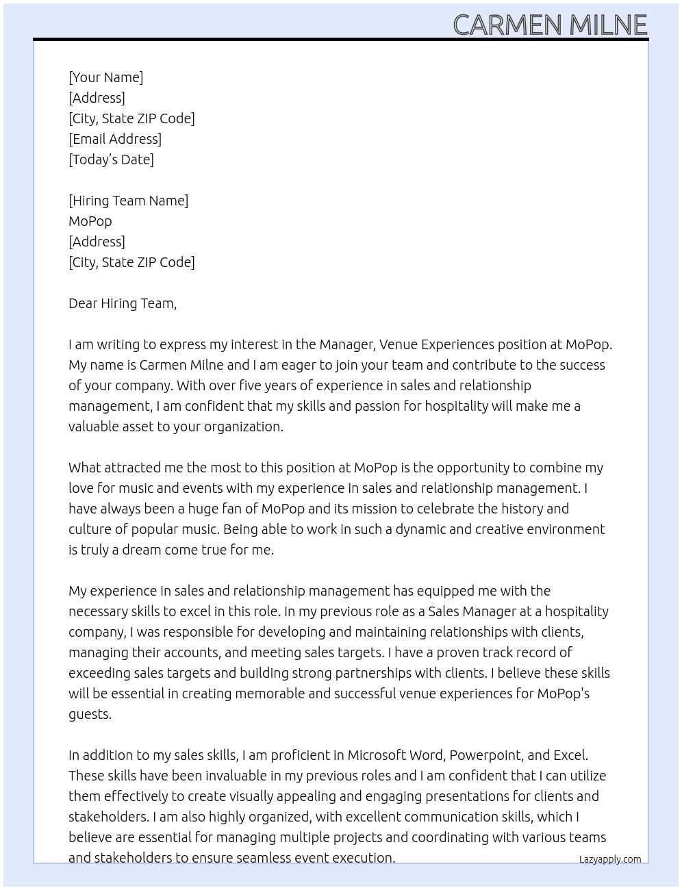 Manager, Venue Experiences At MoPop Cover Letter