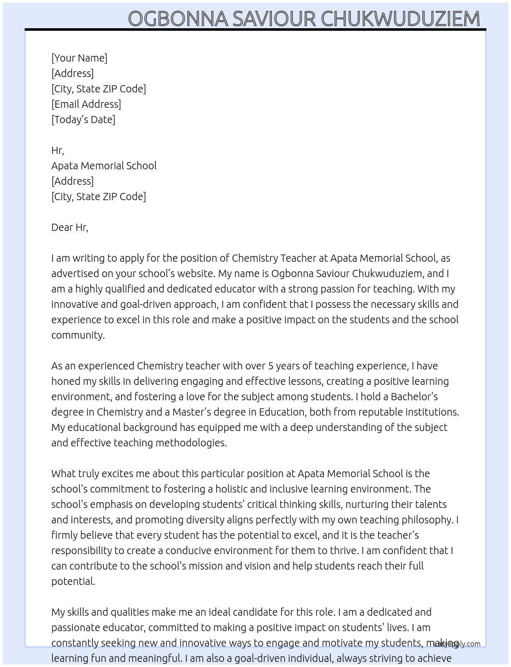 Chemistry Teacher  At Apata Memorial School  Cover Letter