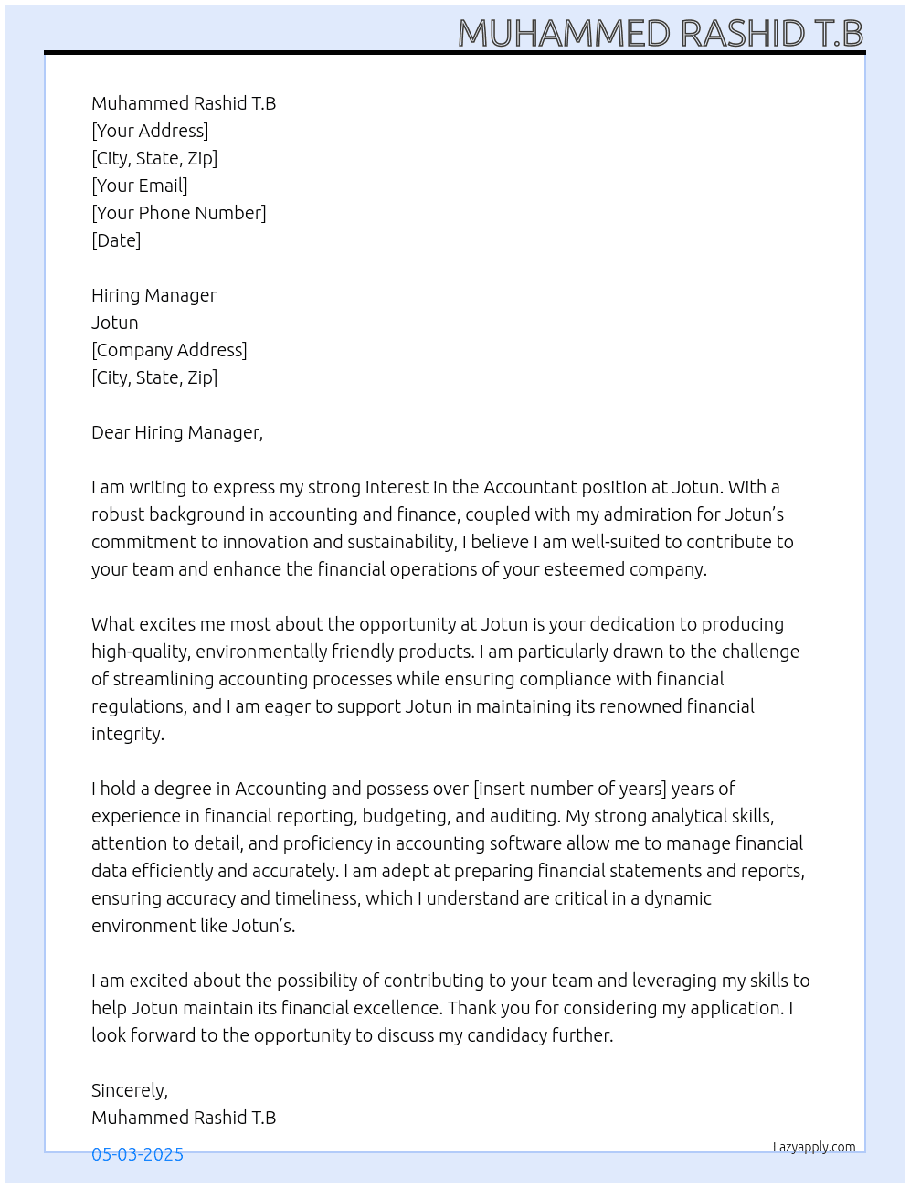 Accountant  At Jotun Cover Letter