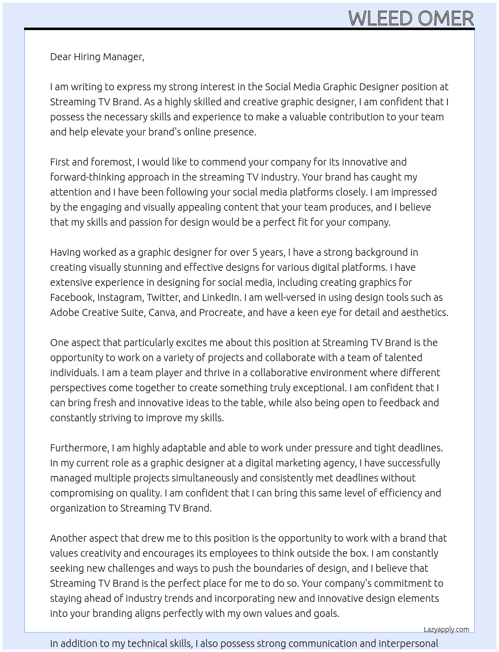Social media Graphic designer At Streaming TV Brand Cover Letter