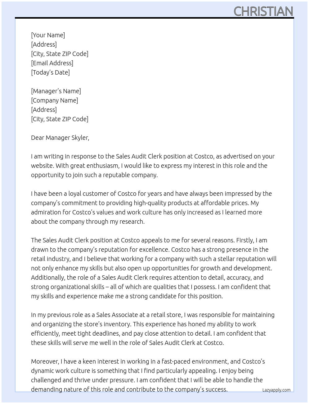 Cover letter for sales audit clerk - LazyApply