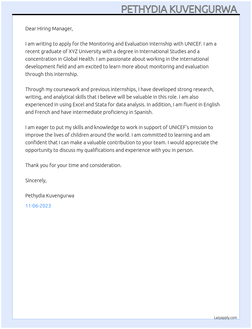 Monitoring and Evaluation Internship  At UNICEF  Cover Letter