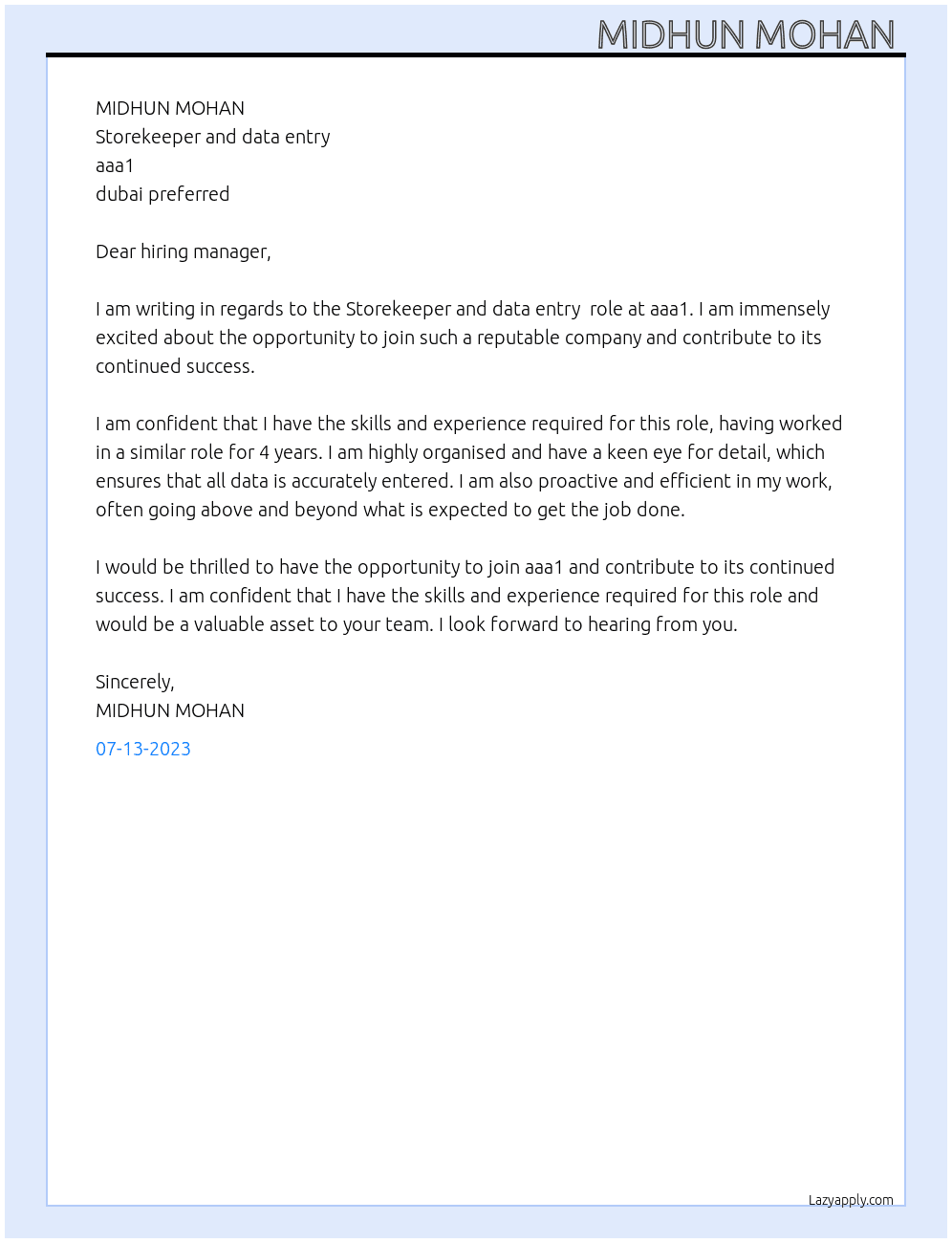 Storekeeper and data entry  At aaa1 Cover Letter