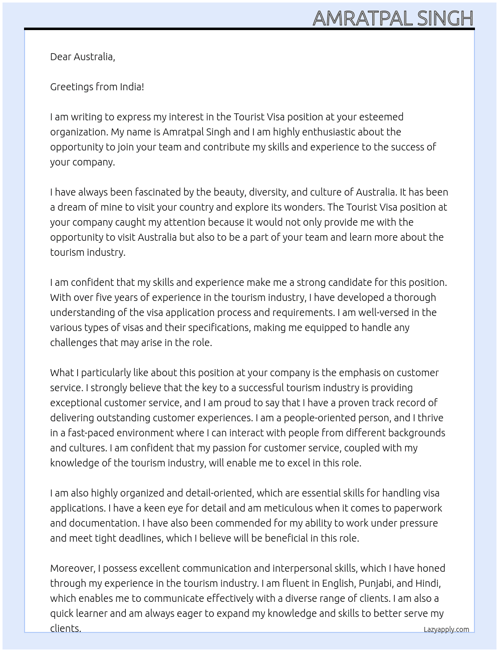 TOURIST VISA At INDIA Cover Letter