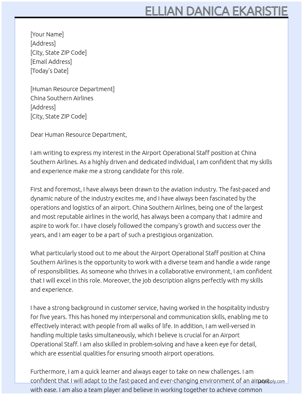 Airport Operational Staff At China Southern Airlines Cover Letter