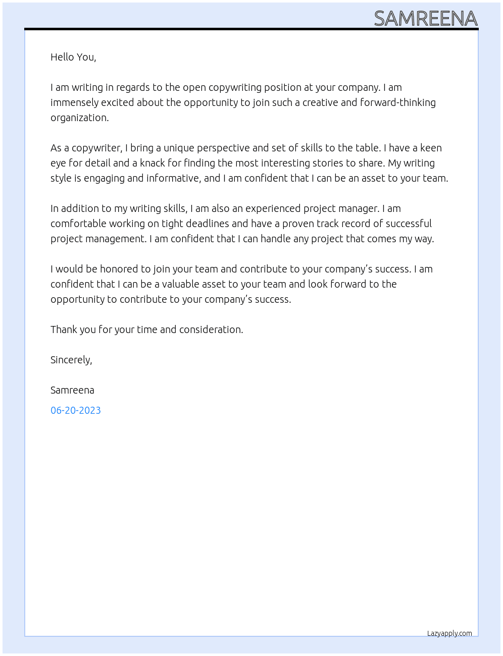 Copywriting  At You Cover Letter