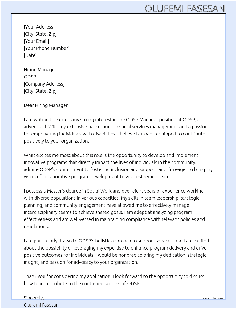 ODSP Manager At ODSP  Cover Letter
