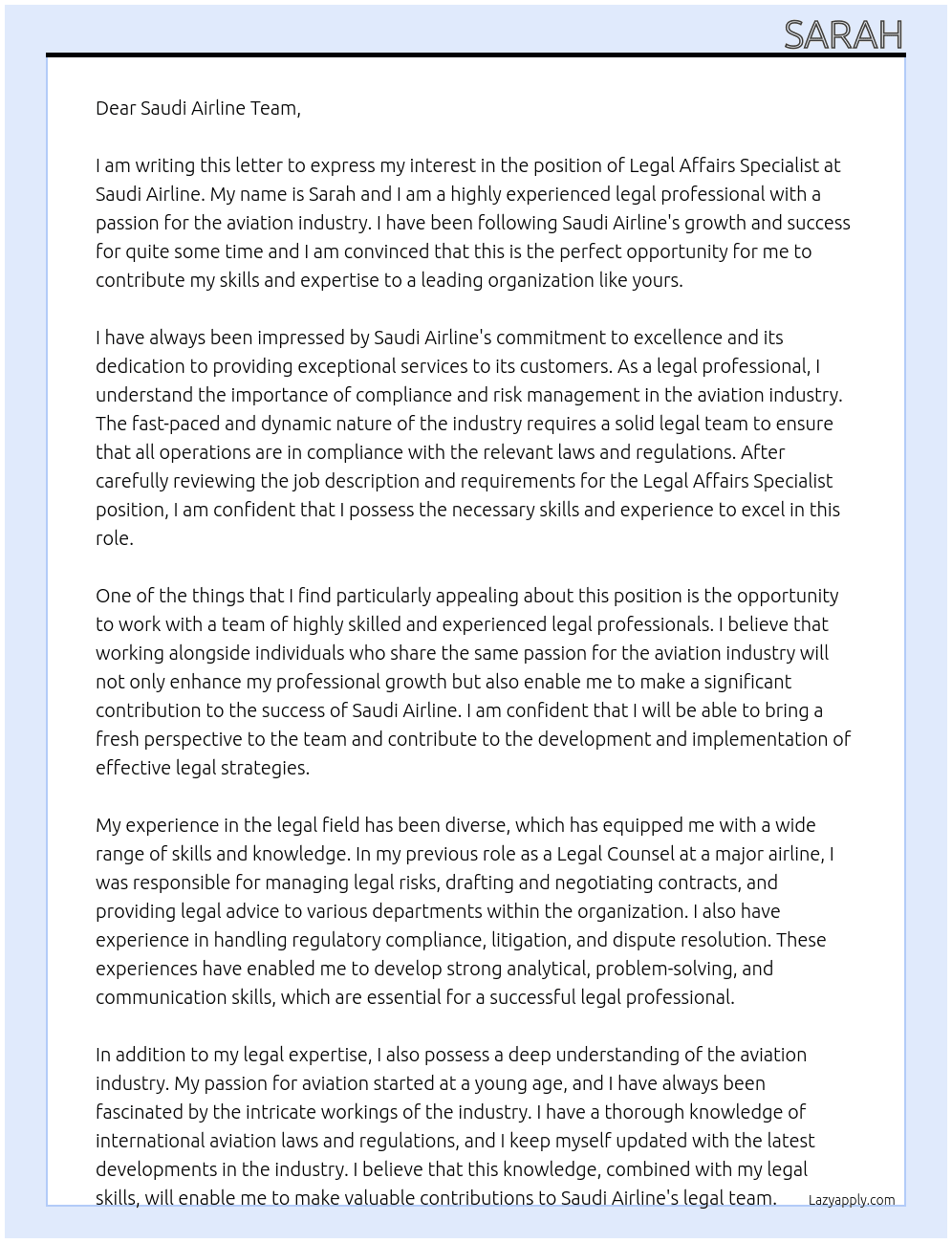 Legal affairs specialist  At Saudi airline Cover Letter