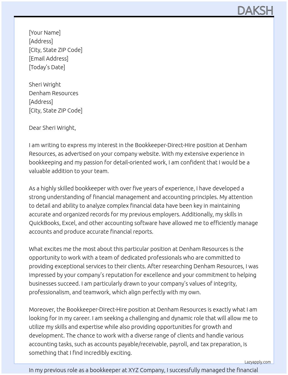 Bookkeeper-Direct-Hire At Denham Resources Cover Letter
