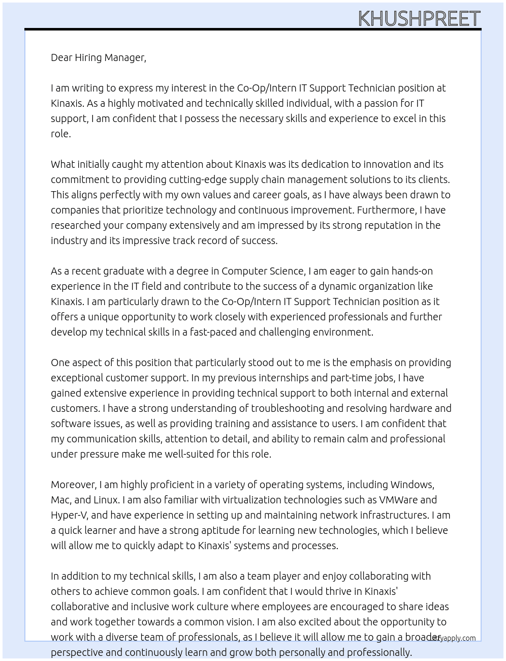 Co-Op/Intern IT Support Technician At Kinaxis Cover Letter