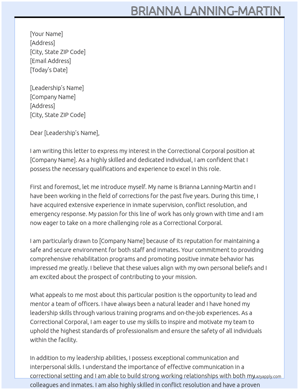 Correctional Corporal  At Correctional Sergeant  Cover Letter