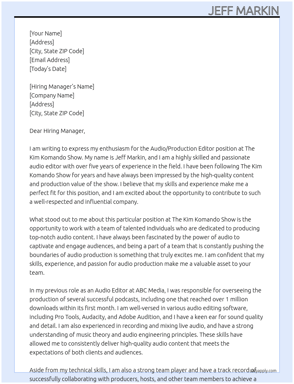 Audio / Production Editor At The Kim Komando Show Cover Letter