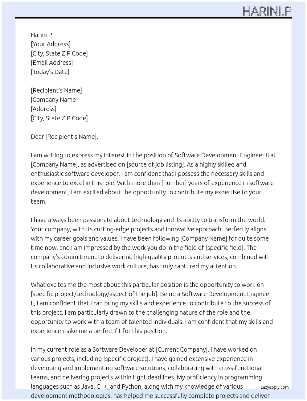 Software Development Engineer II At HARINI.P Cover Letter