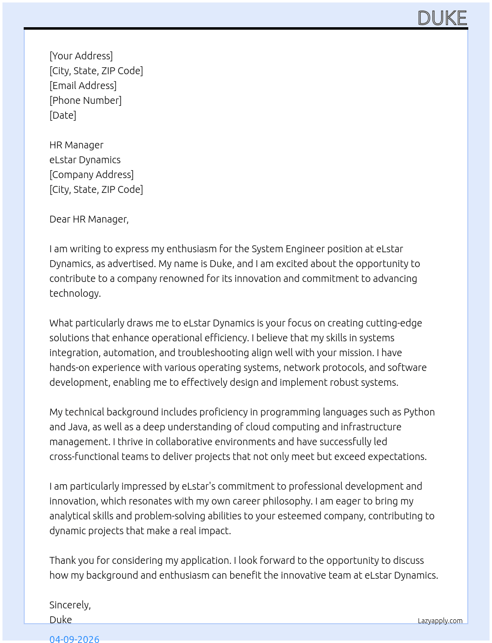 system engineer At eLstar dynamics Cover Letter