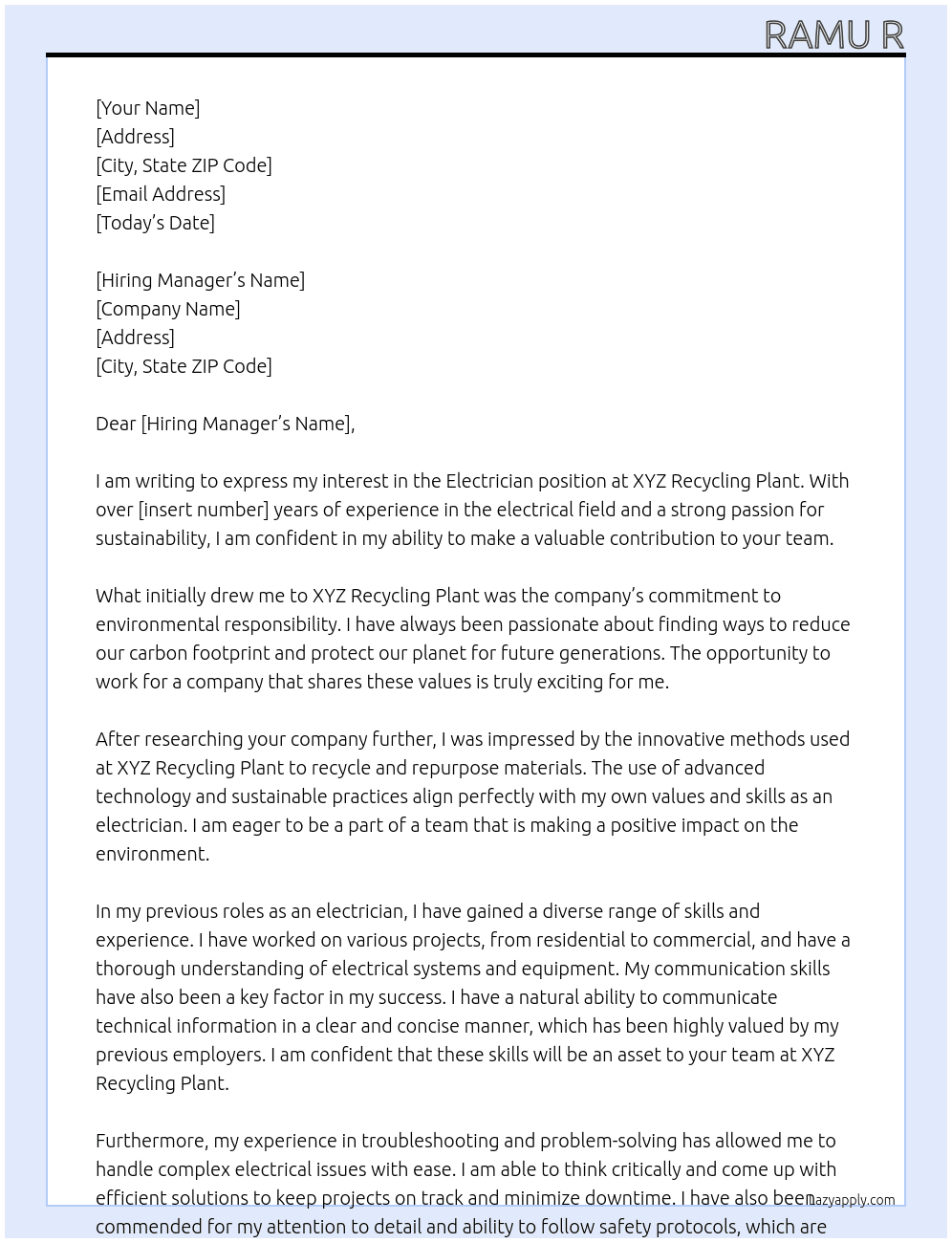 Electrician At XYZ recycling plant Cover Letter