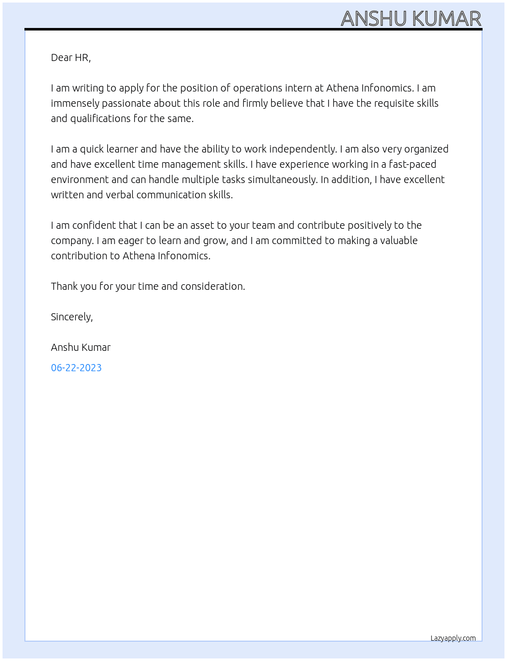 operation intern At Athena Infonomics Cover Letter