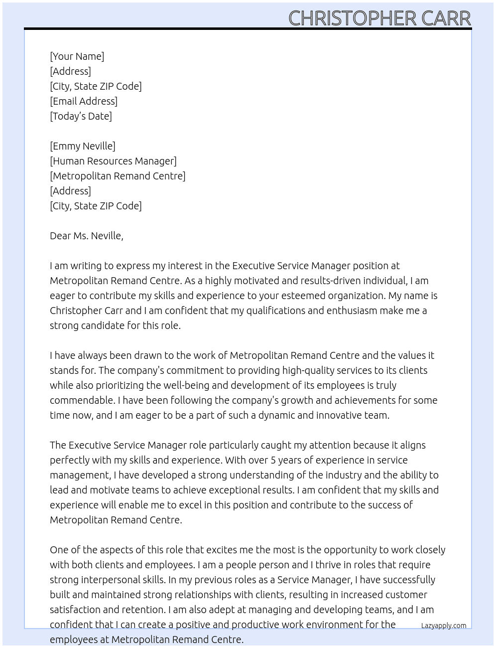 Executive Service Manager At Metropolitan Remand Centre Cover Letter