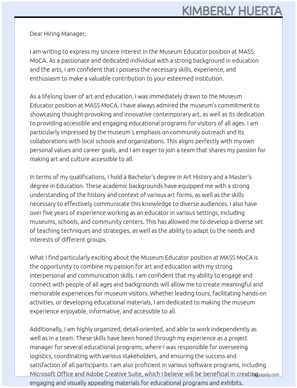 Museum Educator At MASS MoCA Cover Letter