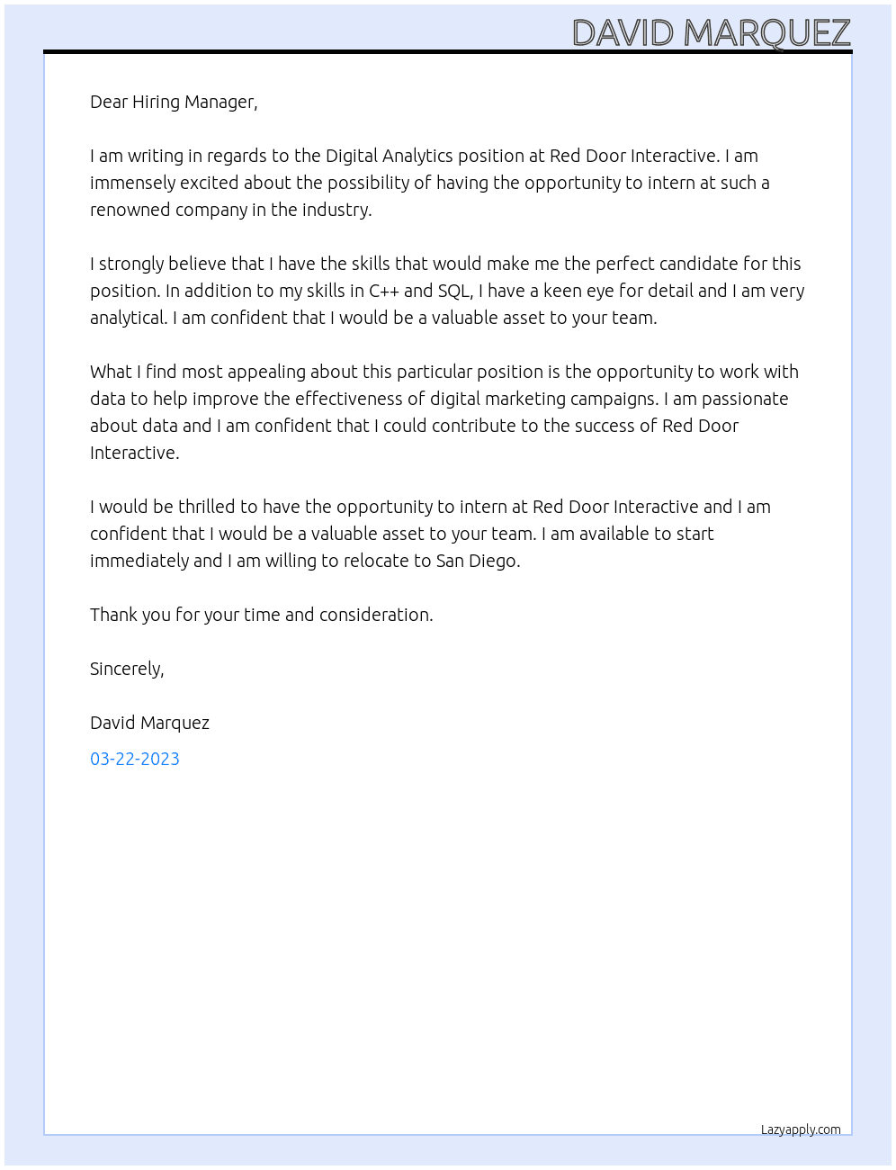 Digital Analytics  At Red Door Interactive Cover Letter
