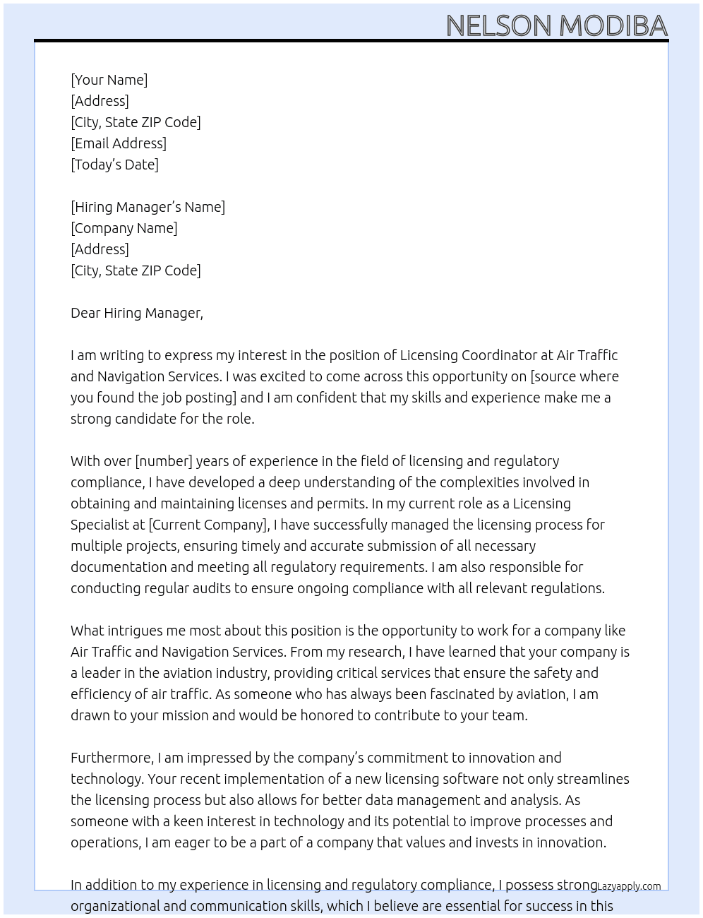 LICENSING COORDINATOR At Air Traffic and Navigation Services  Cover Letter