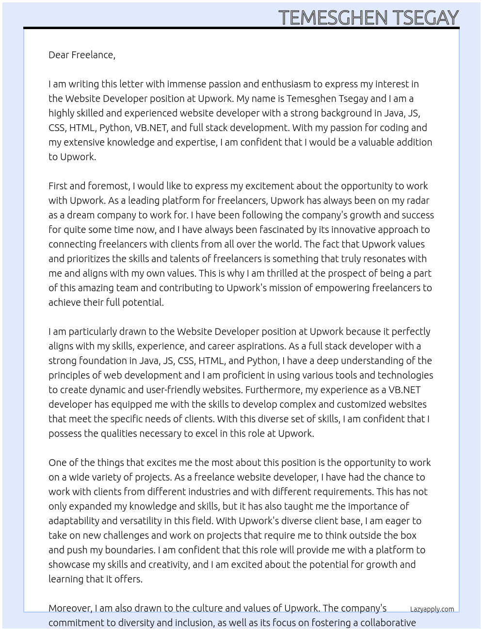 Website developer At Upwork Cover Letter