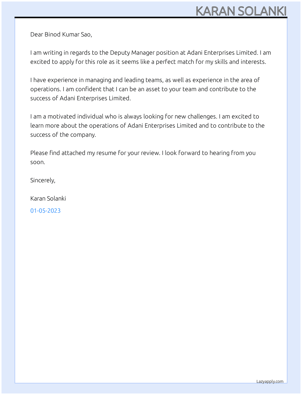 Deputy Manager  At Adani Enterprises Limited  Cover Letter