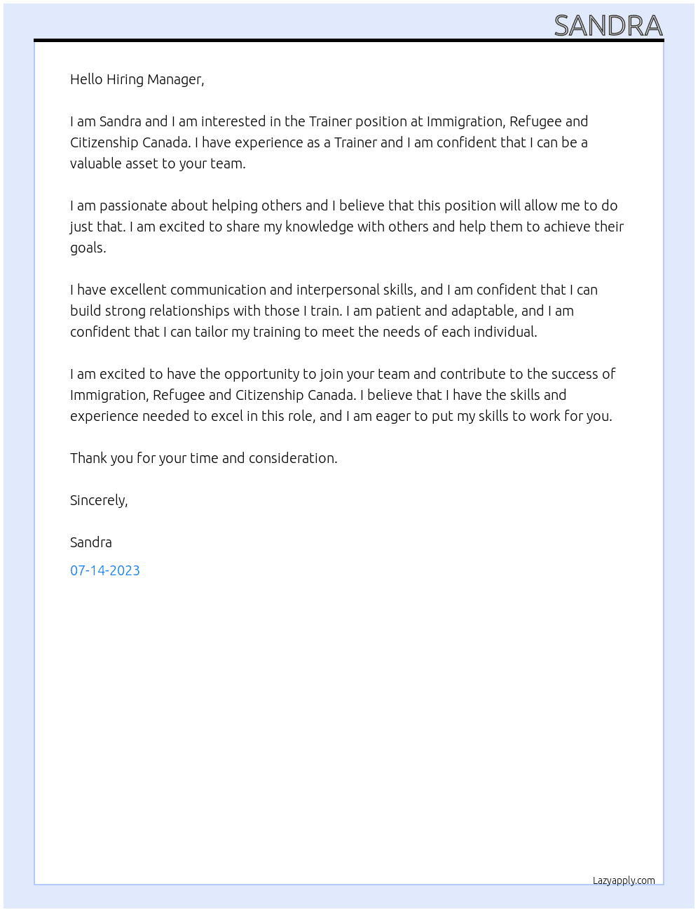 Trainer  At Immigration refugee and citizenship canada  Cover Letter
