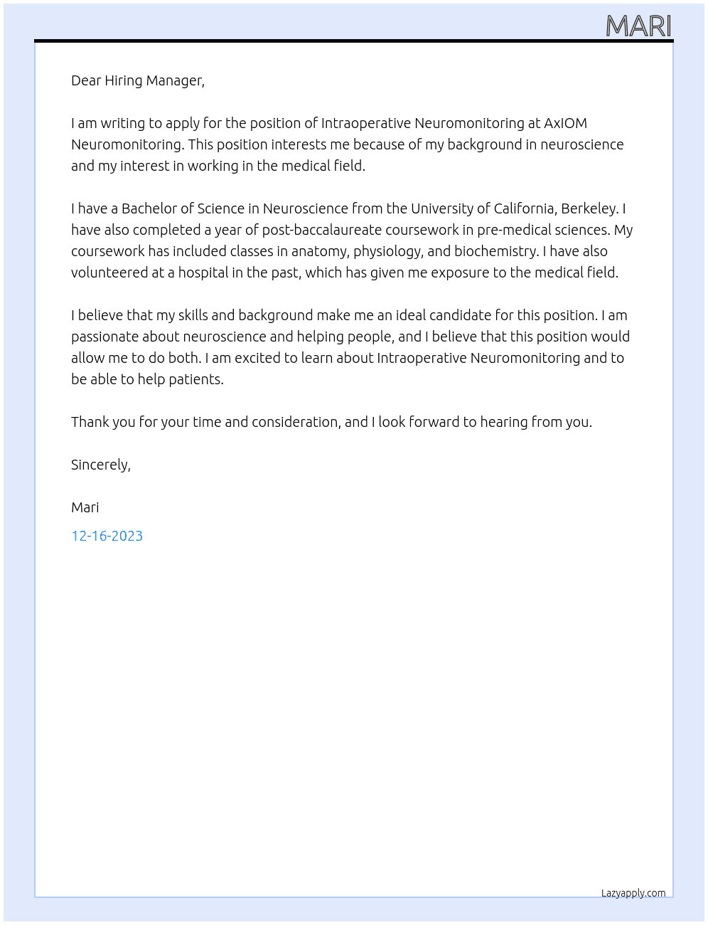 Intraoperative Neuromonitoring  At AxIOM Neuromonitoring  Cover Letter