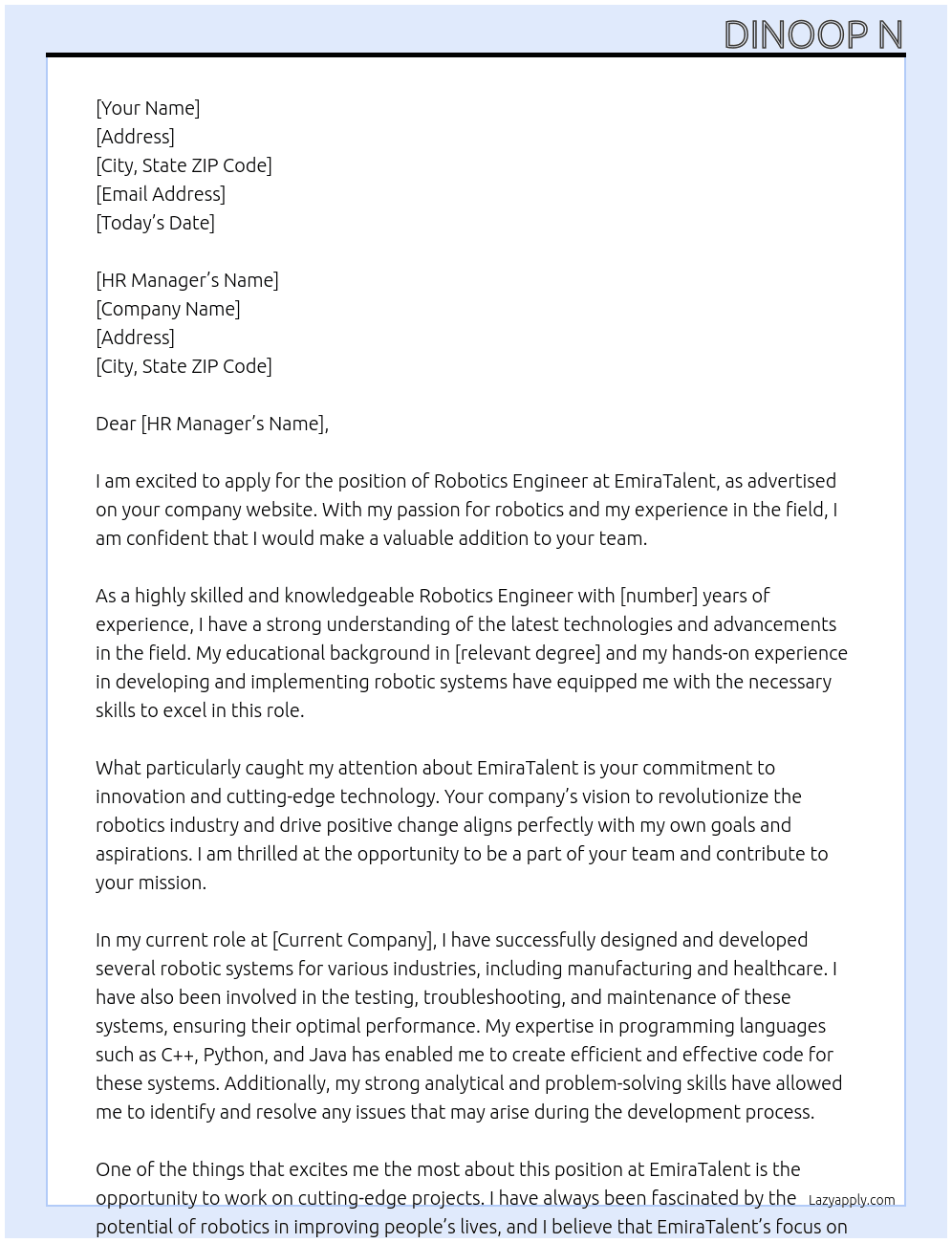Robotics engineer At EmiraTalent Cover Letter