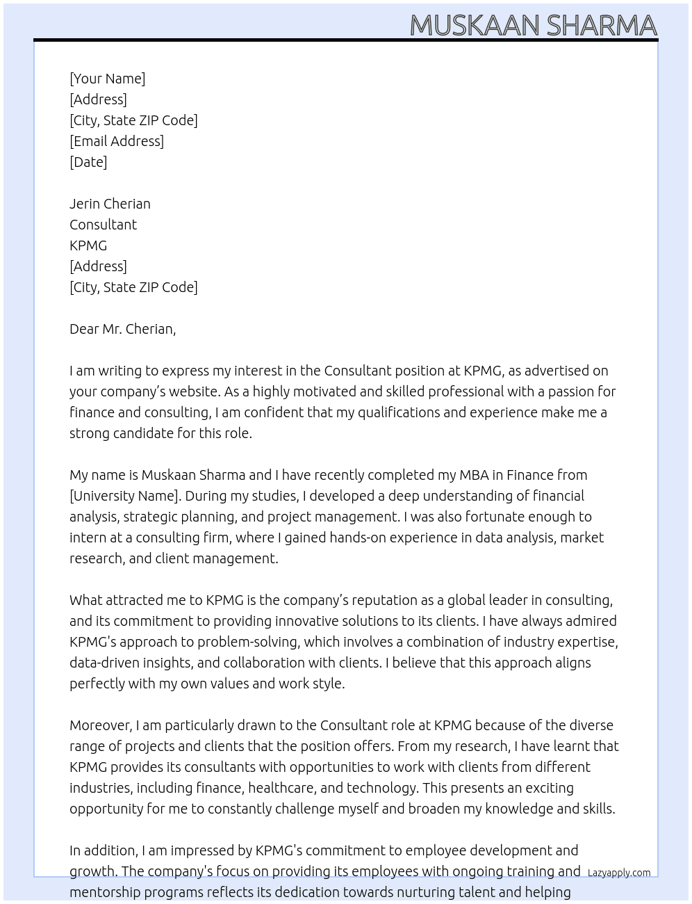 Consultant At KPMG Cover Letter