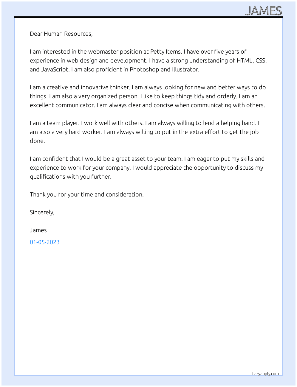 Webmaster At Petty Items Cover Letter