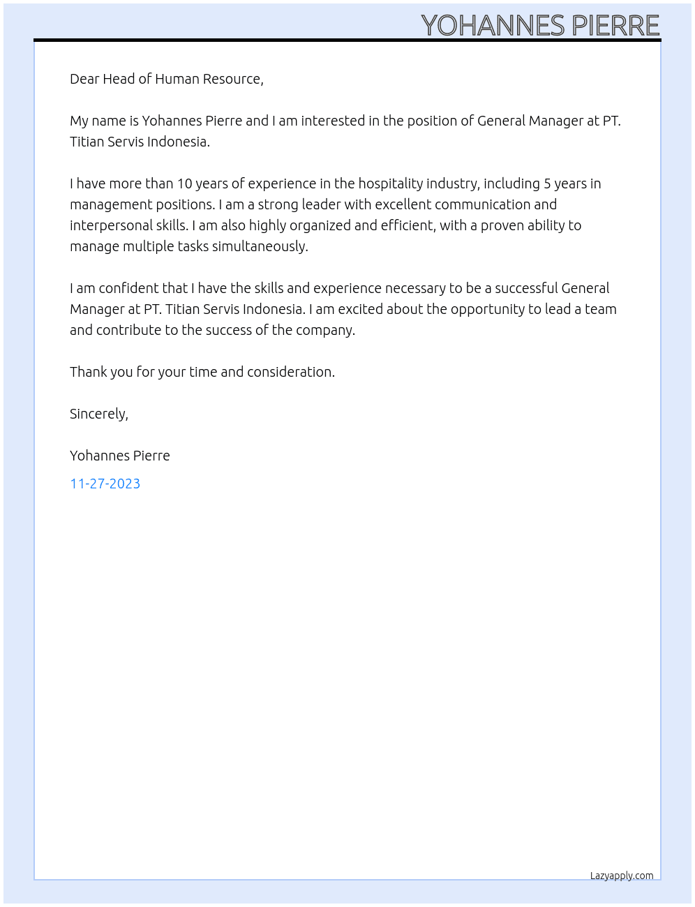 General Manager At PT. Titian Servis Indonesia Cover Letter