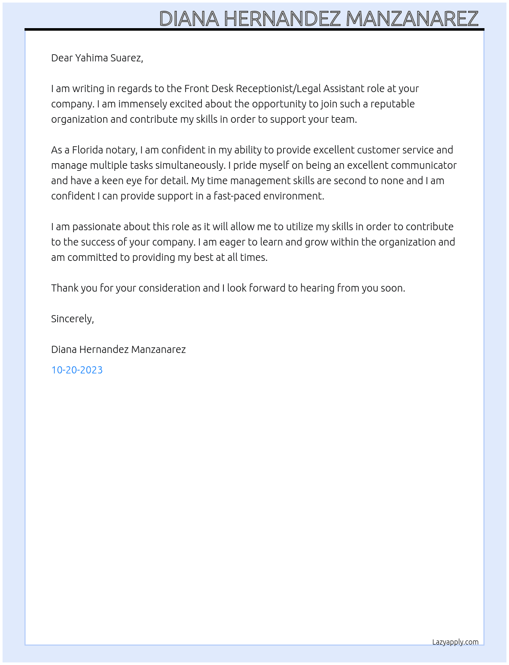 Legal assistant  At Yahima Suarez, PA Cover Letter