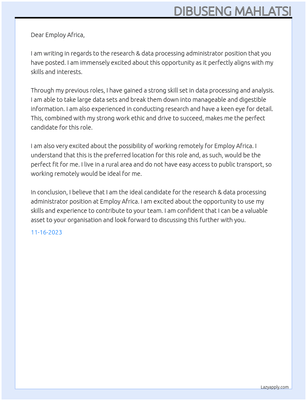 Research & Data Processing Administrator At Employ Africa Cover Letter