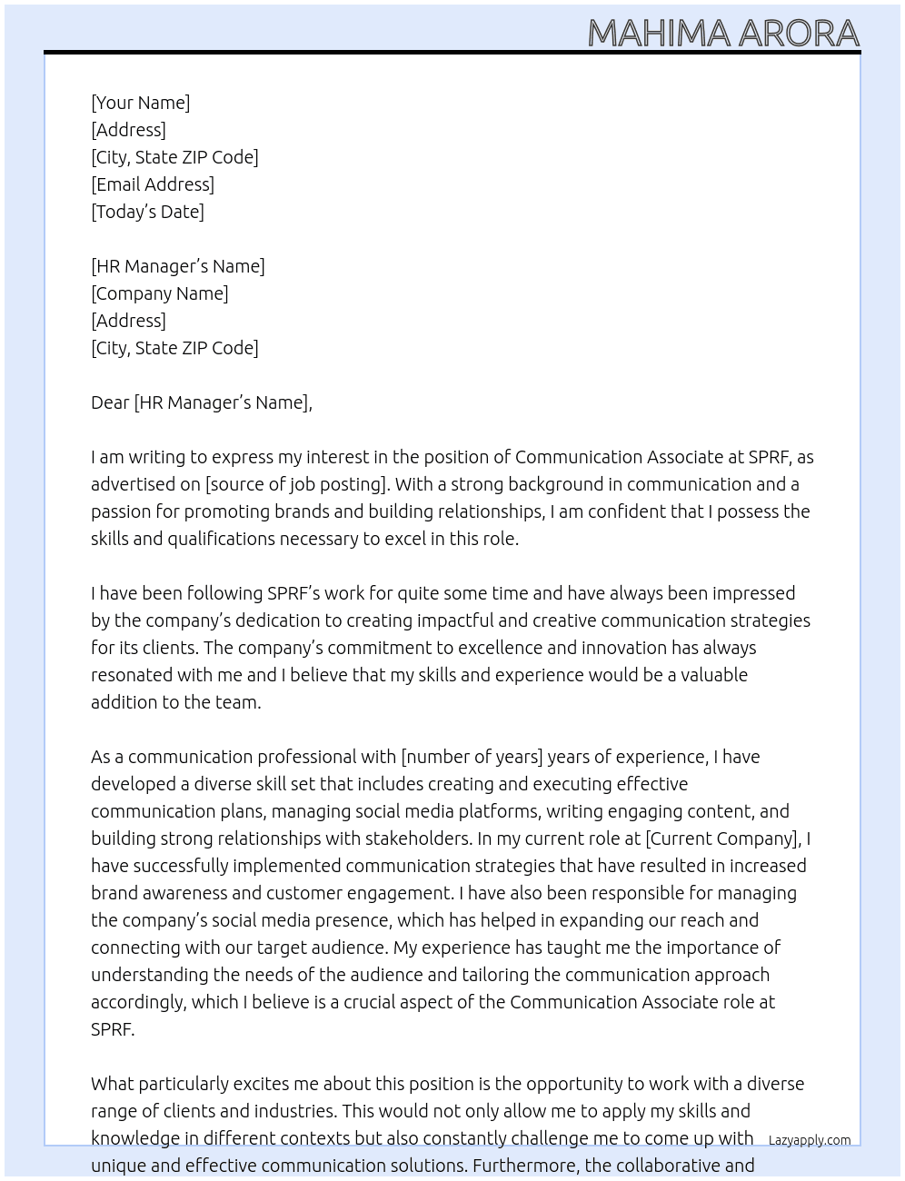 Communication Associate  At SPRF Cover Letter
