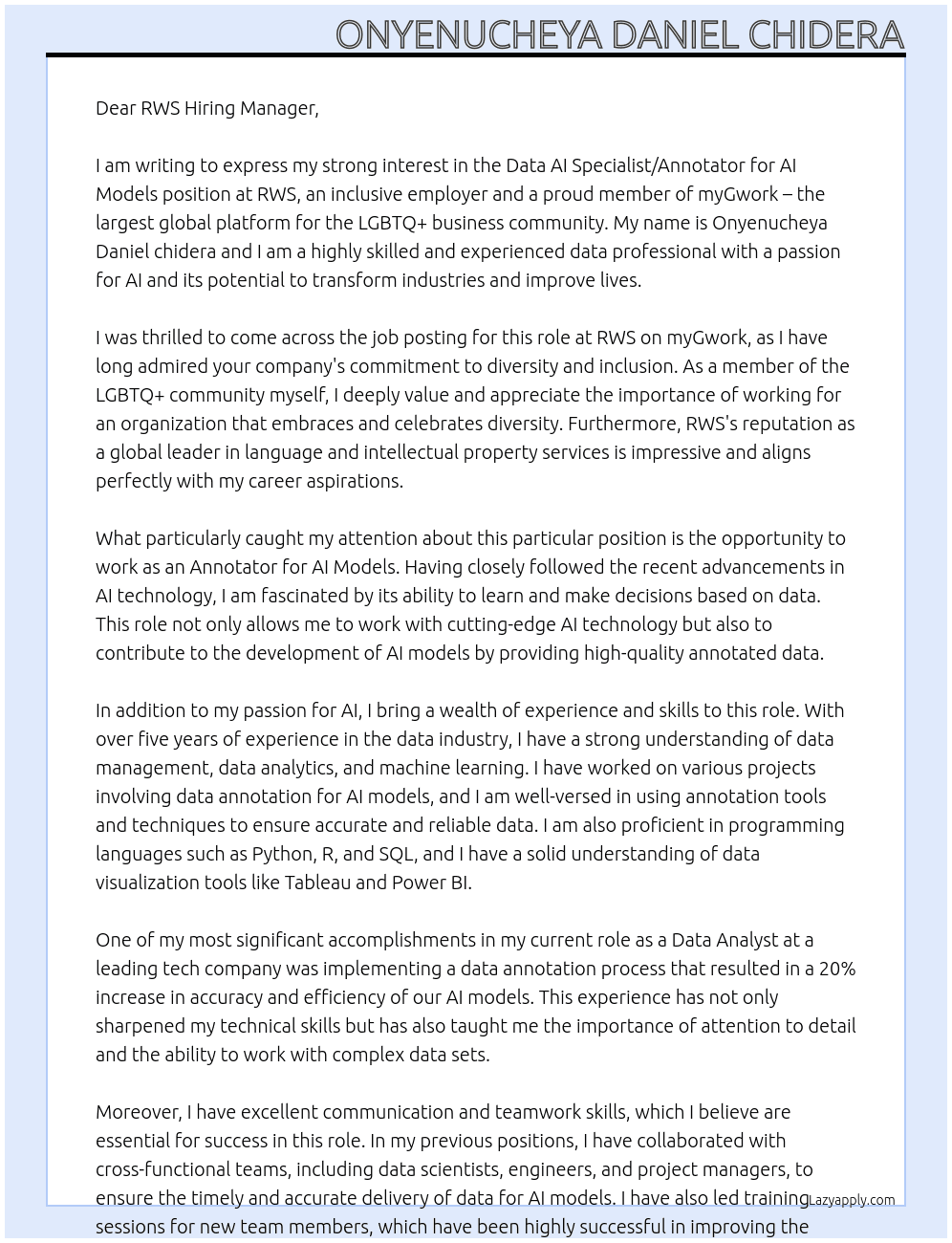 Data AI Specialist/Annotator for AI Models At UK-Remote Posted Cover Letter