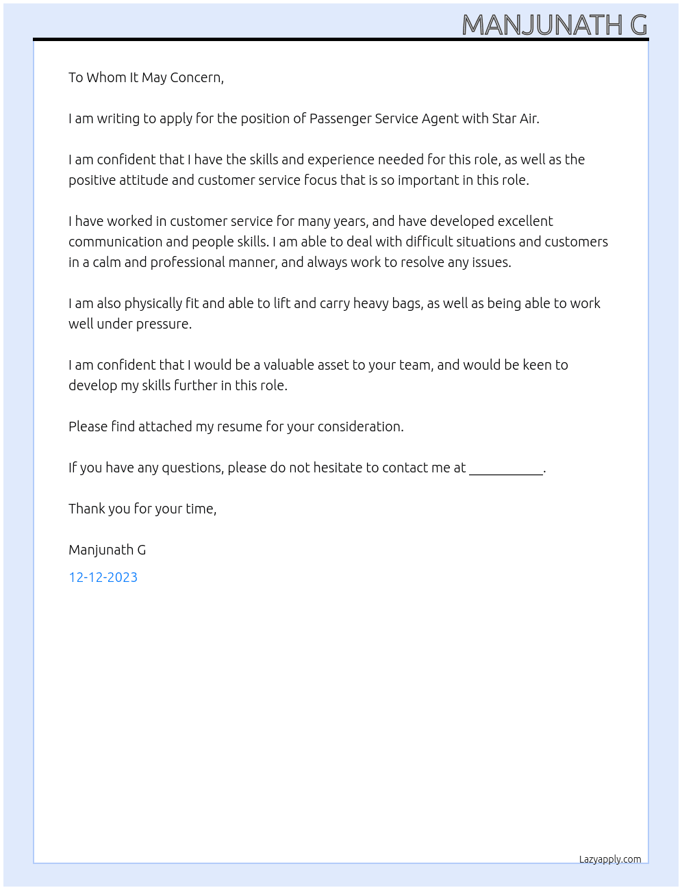 passenger service agent At star air Cover Letter