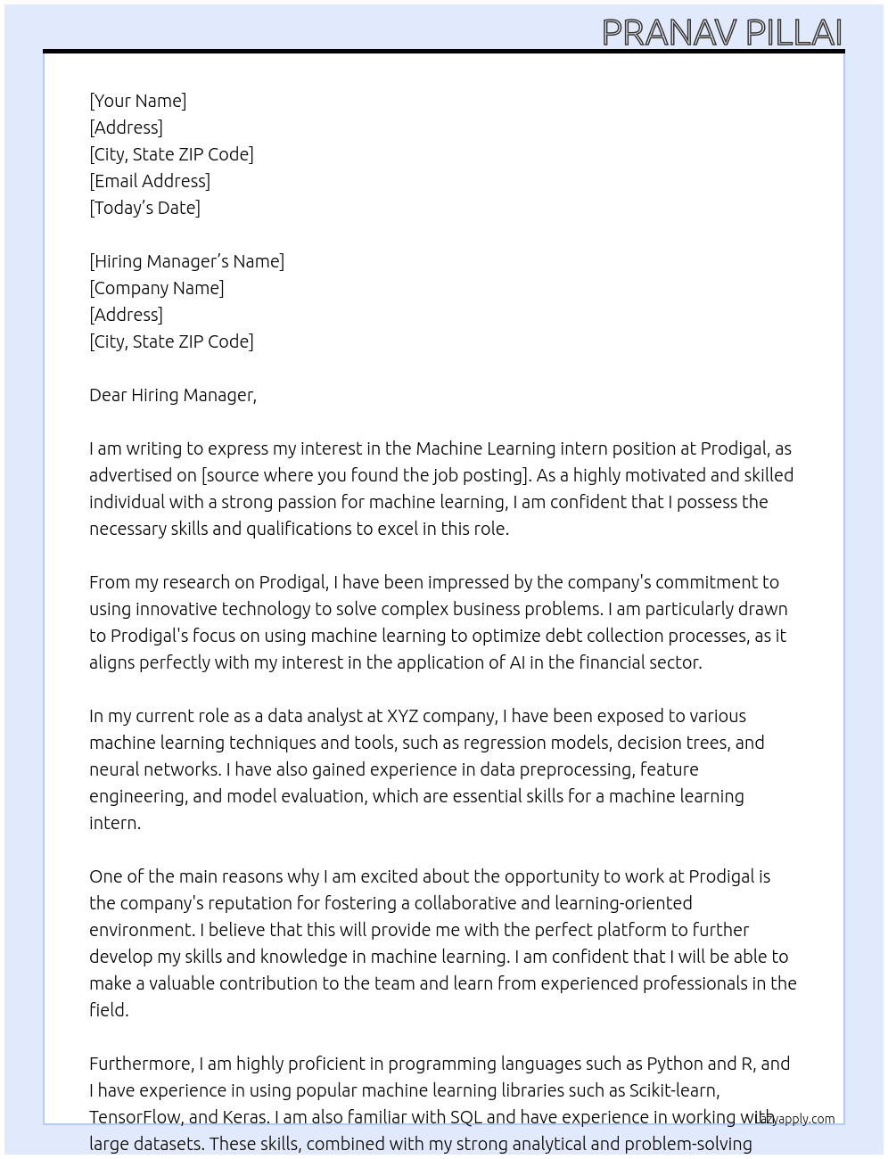 Machine Learning intern At Prodigal Cover Letter