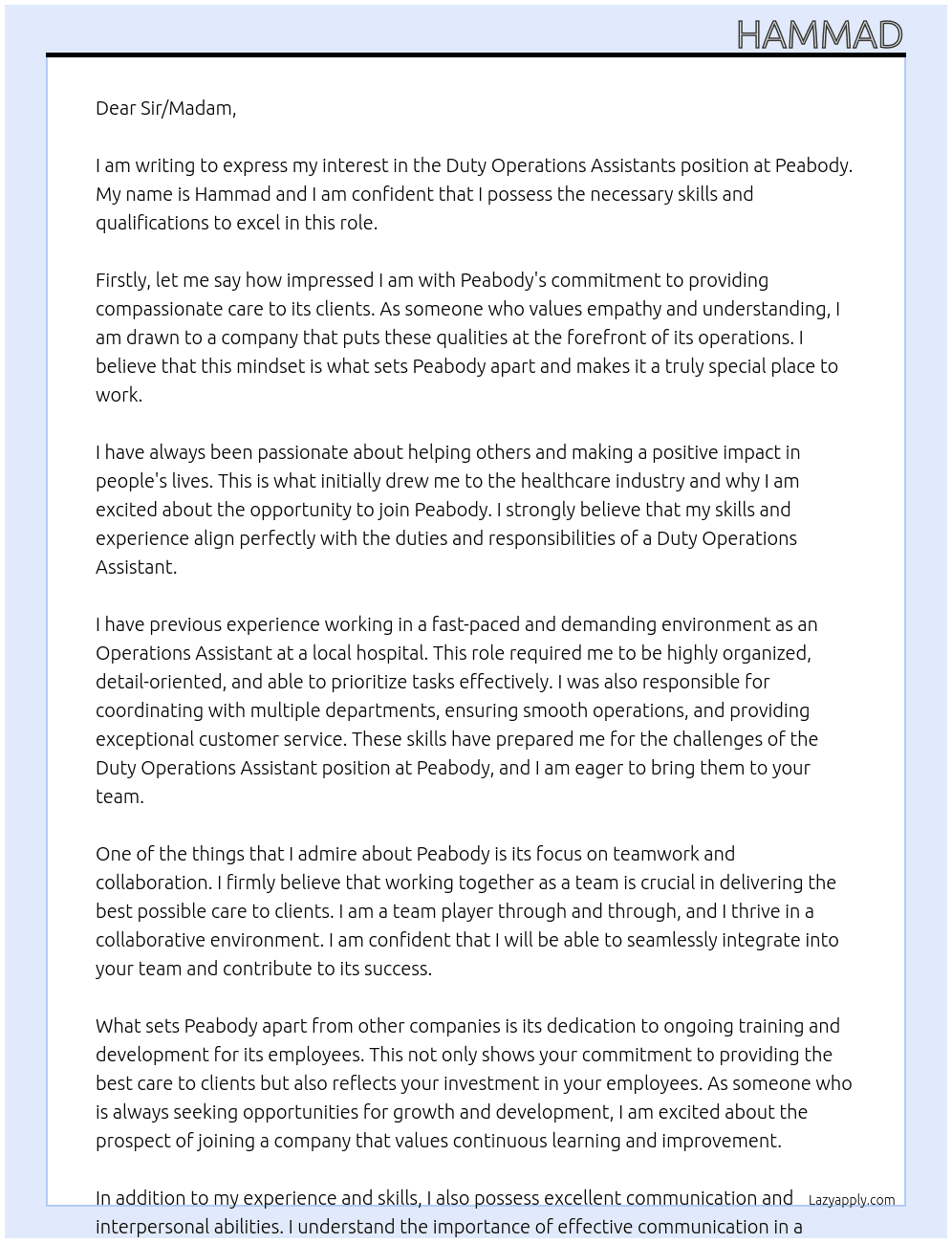 Duty Operations Assistants At Peabody Cover Letter