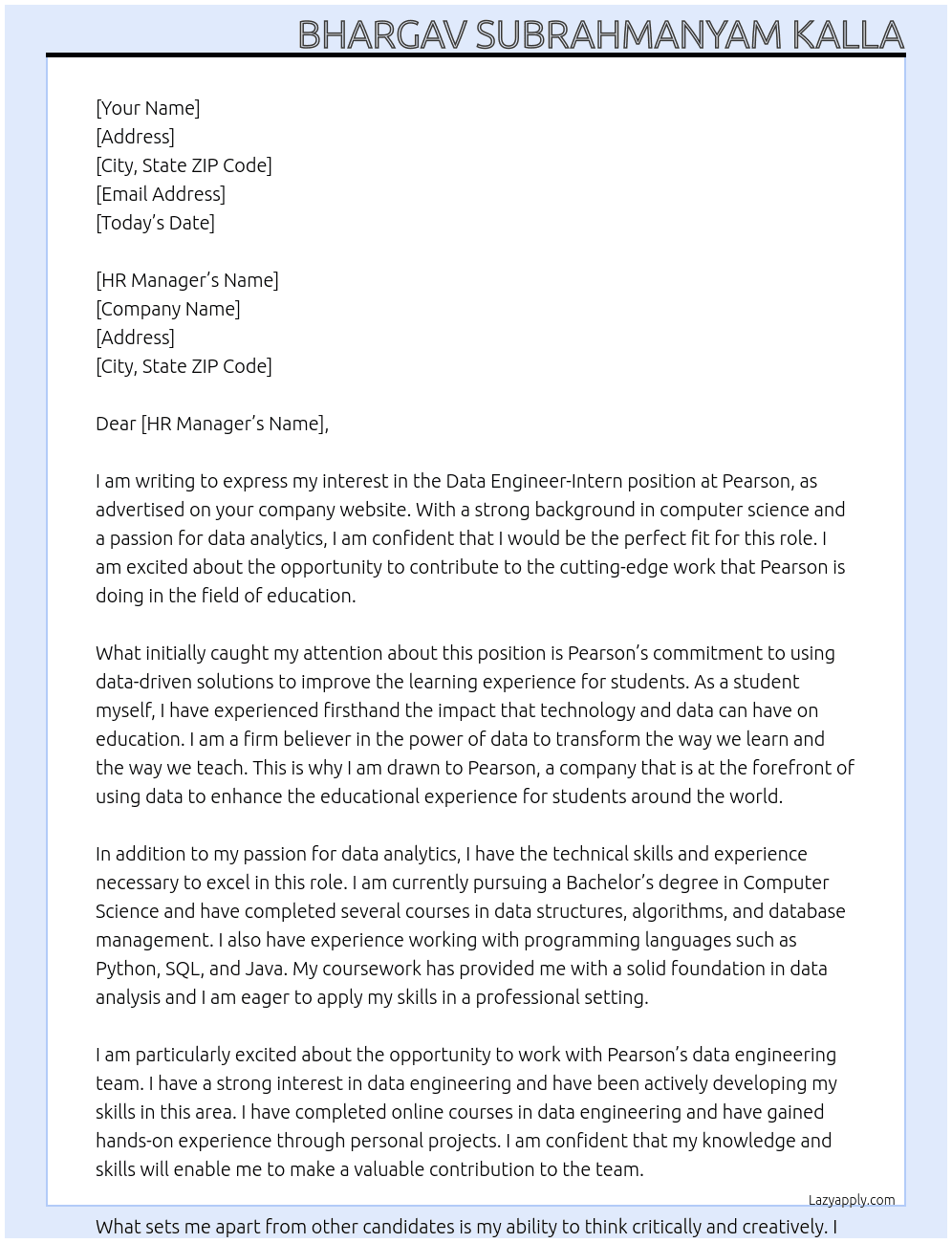  Data Engineer - Intern  At pearson Cover Letter