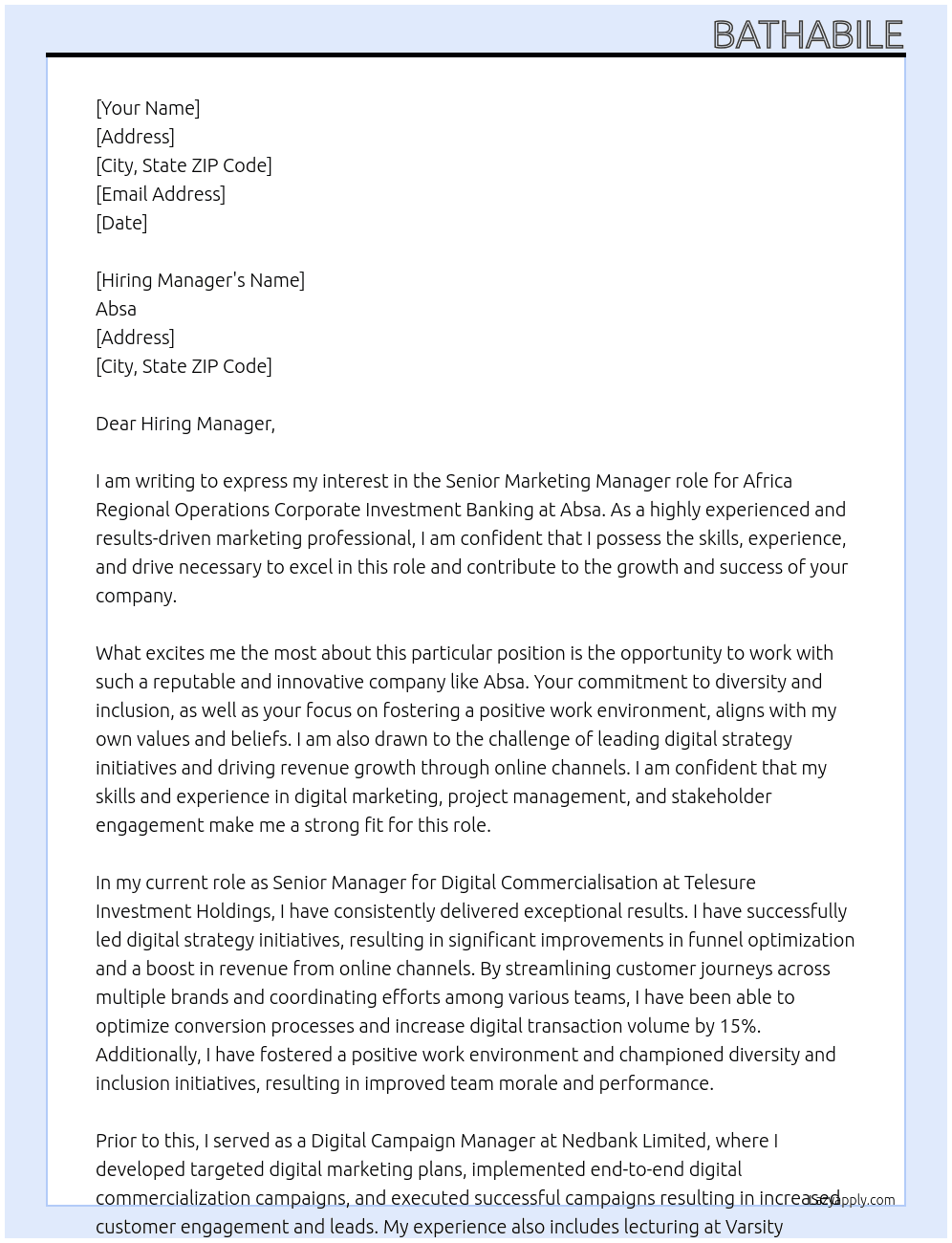Senior Marketing Manager: Africa Regional Operations Corporate Investment Banking At Absa Cover Letter