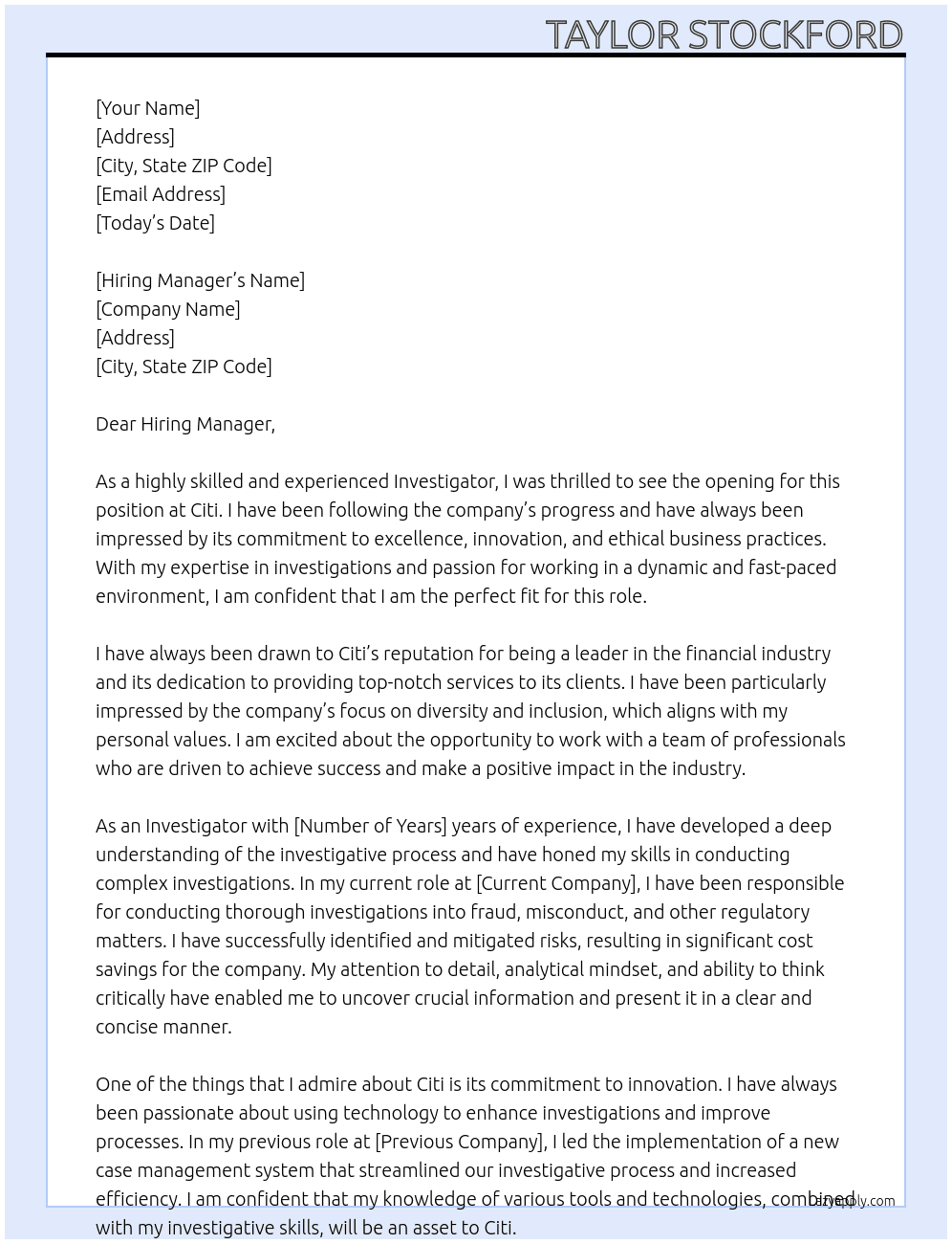 Investigator At Citi Cover Letter