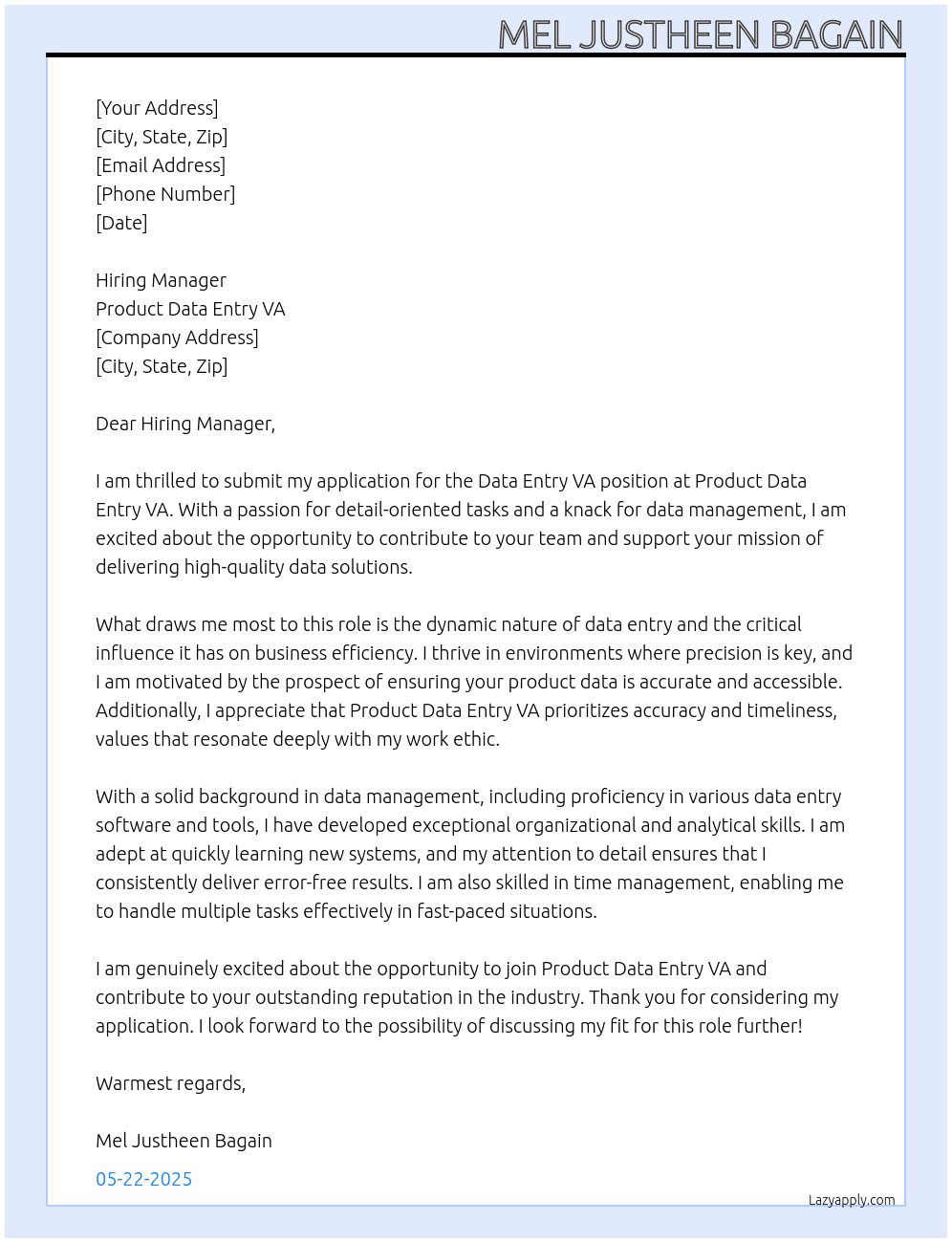 Data entry va At Product data entry va Cover Letter