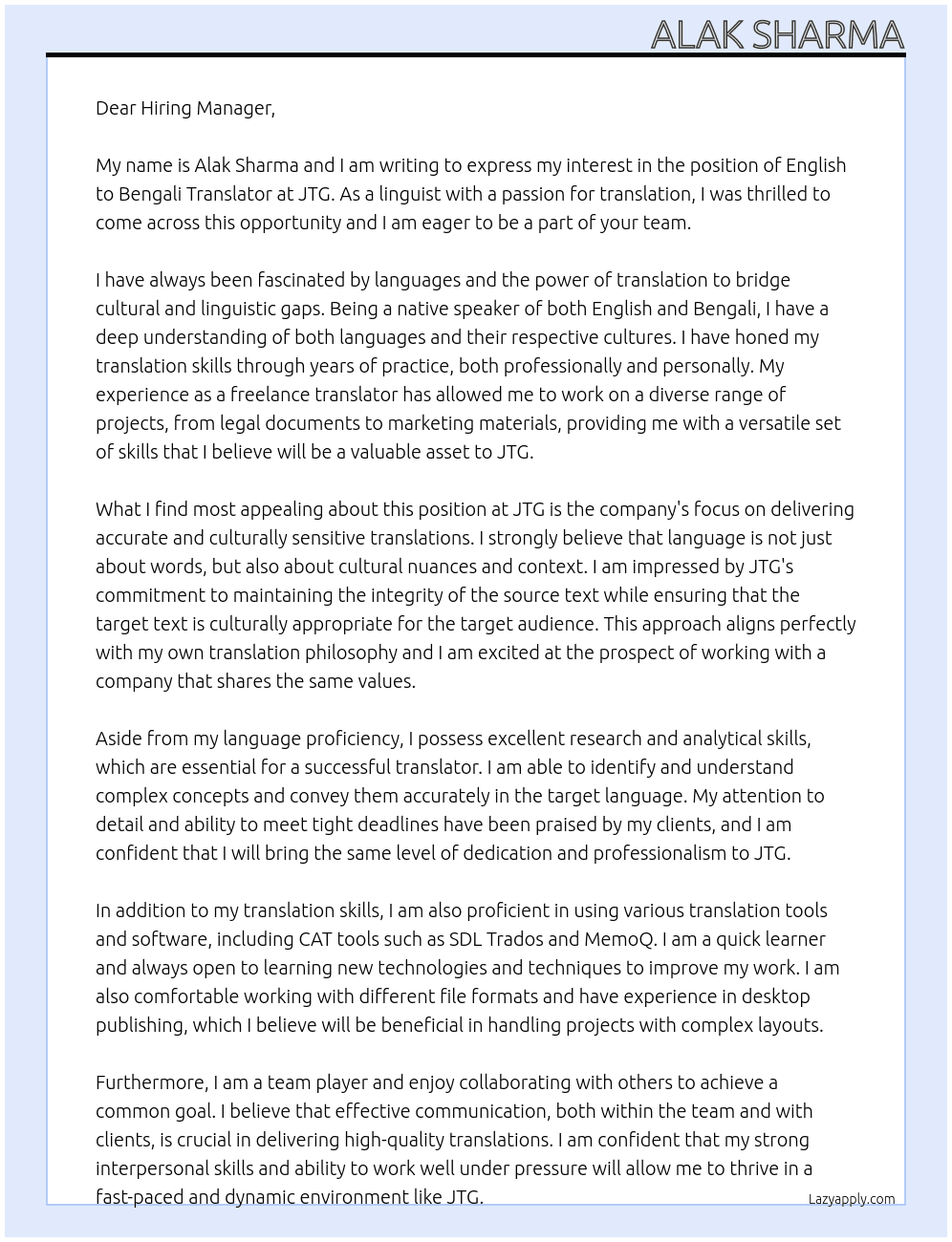 English to Bengali Translator At JTG Cover Letter
