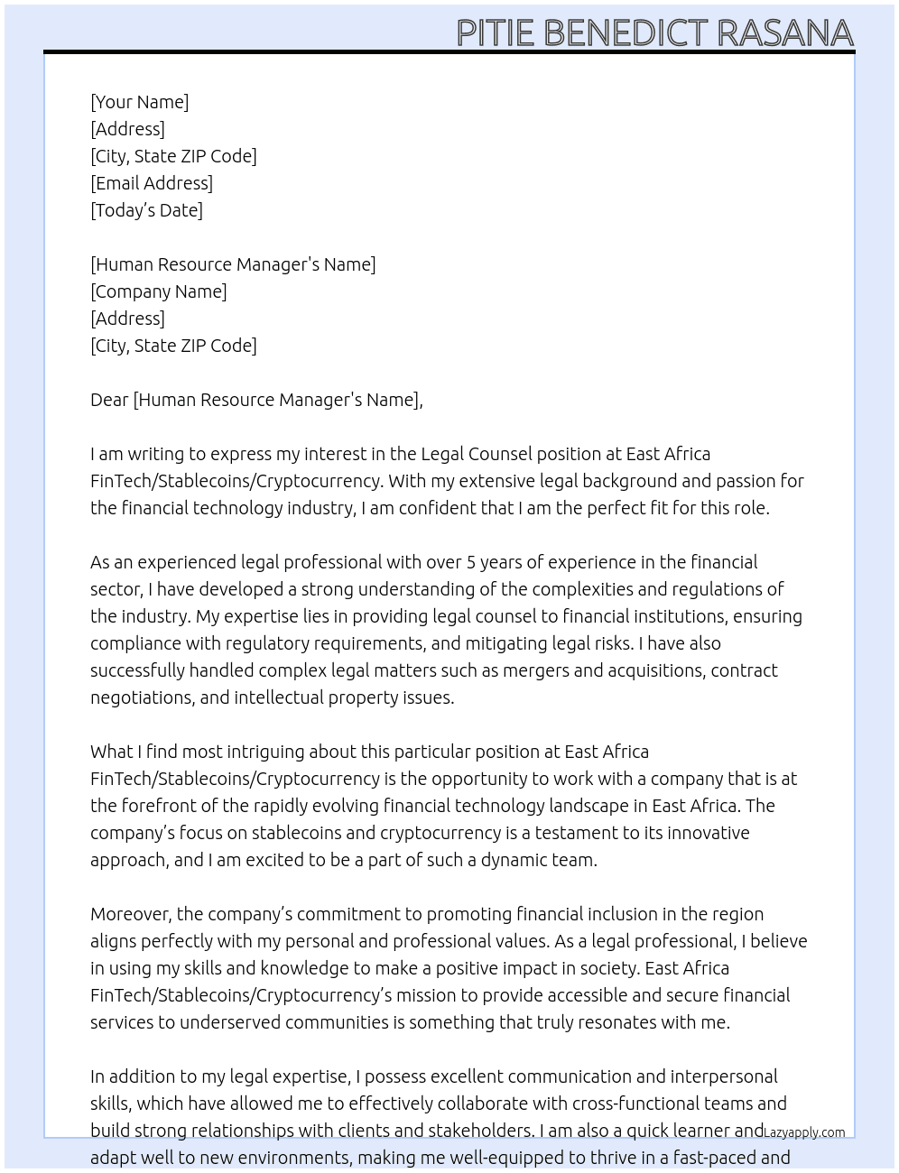 Legal Counsel At East Africa FinTech/Stablecoins/Cryptocurrency Cover Letter