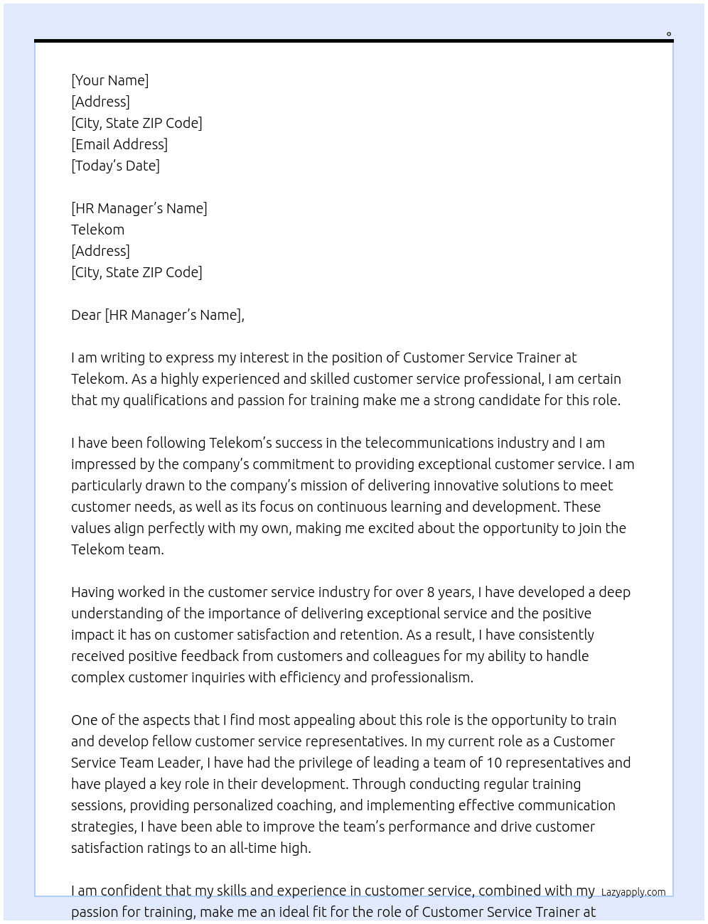 Customer service trainer At Telekom Cover Letter