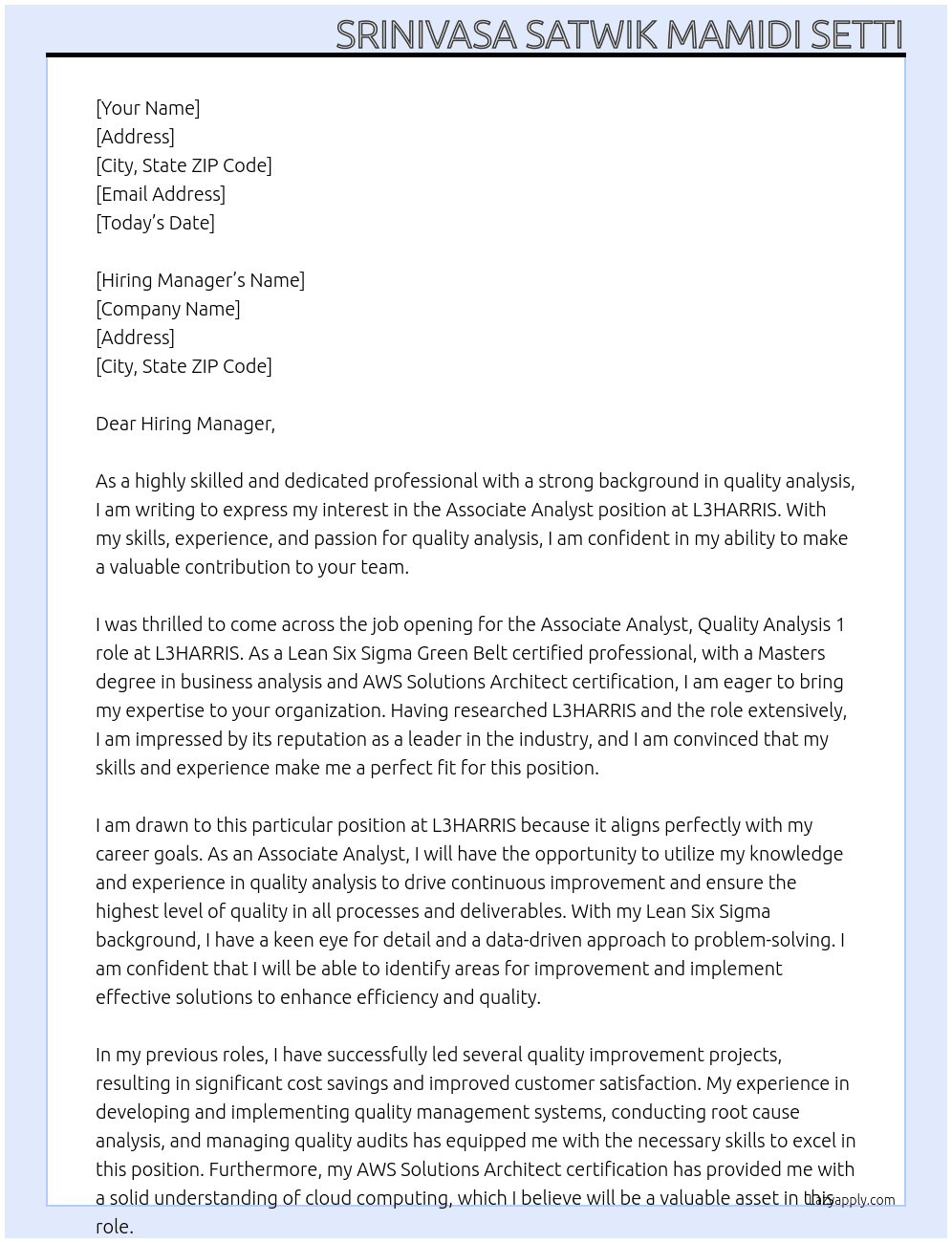 Associate Analyst, Quality Analysis 1 At L3HARRIS Cover Letter