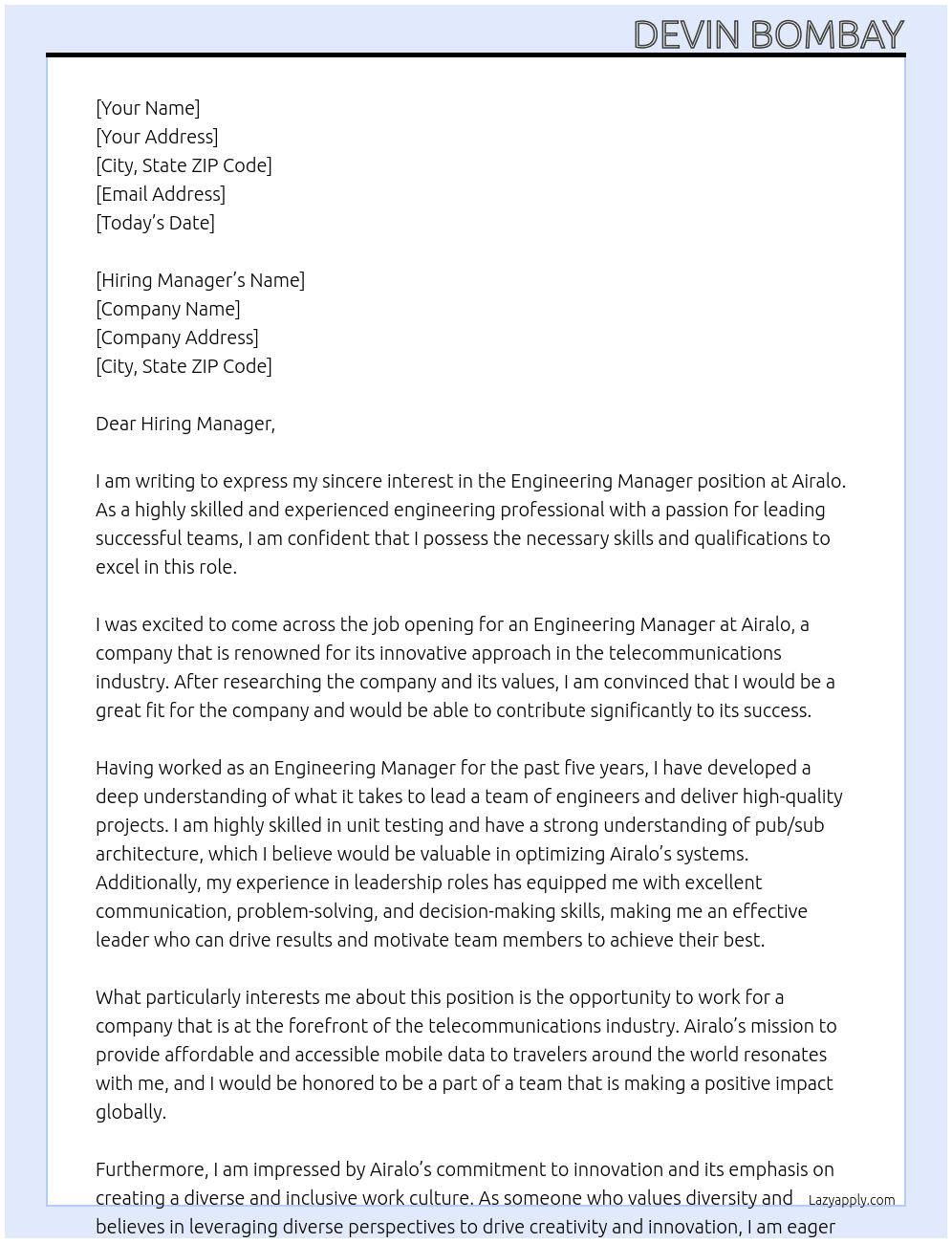 Engineering Manager At Airalo Cover Letter